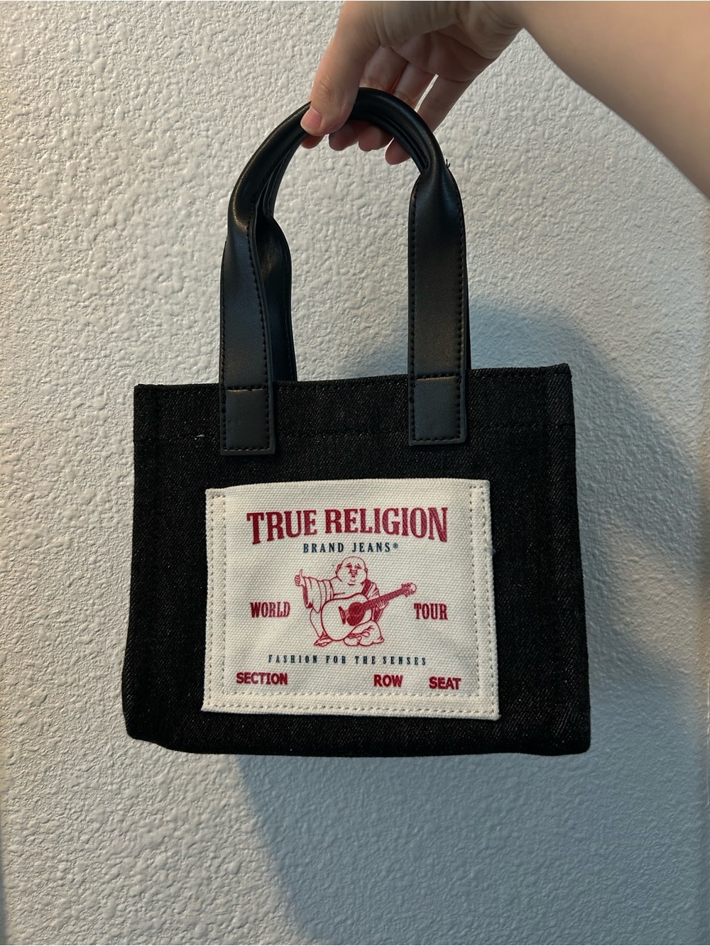 True Religion Black Canvas Mini Tote with Red Logo Patch